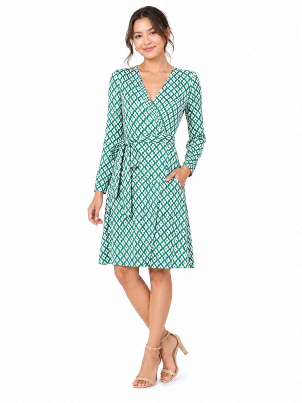 Green and White Patterned Wrap Dress